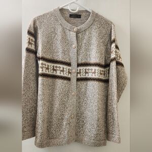 Cozy Beige Cardigan with Patterned Design, 100 Alpaca Wool, Made In Peru, Medium